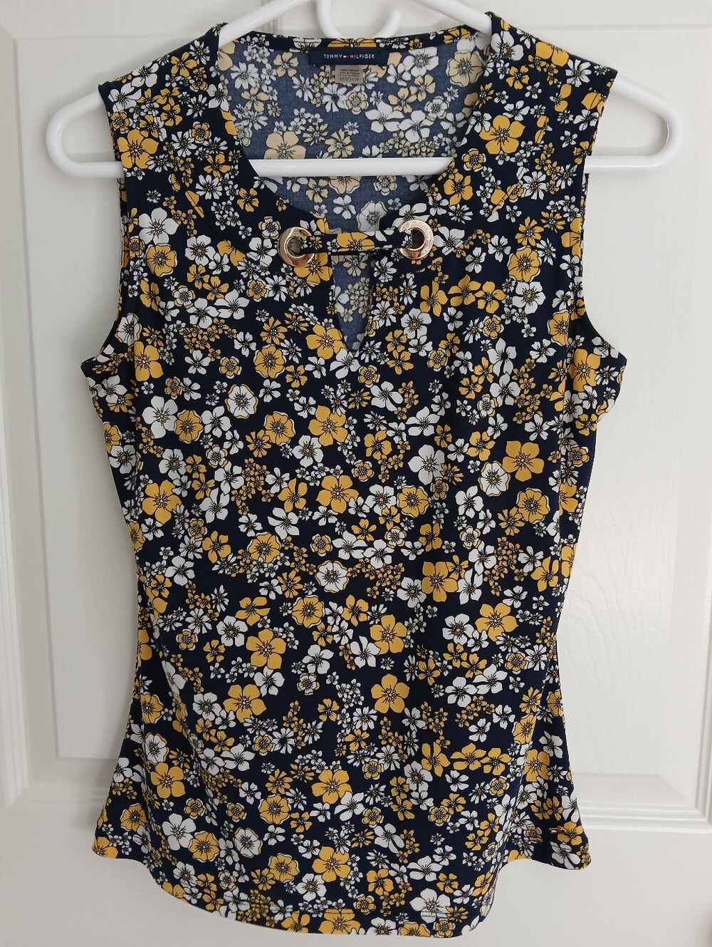 Tommy Hilfiger Navy Floral Sleeveless Shirt with Gold Hardware